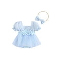 thumbnail image 2 of Aojekbee Infant Baby Girls Summer Romper Dress with Bow Headband 3D Flower Short Puff Sleeve Neck Tulle Jumpsuit, 2 of 10