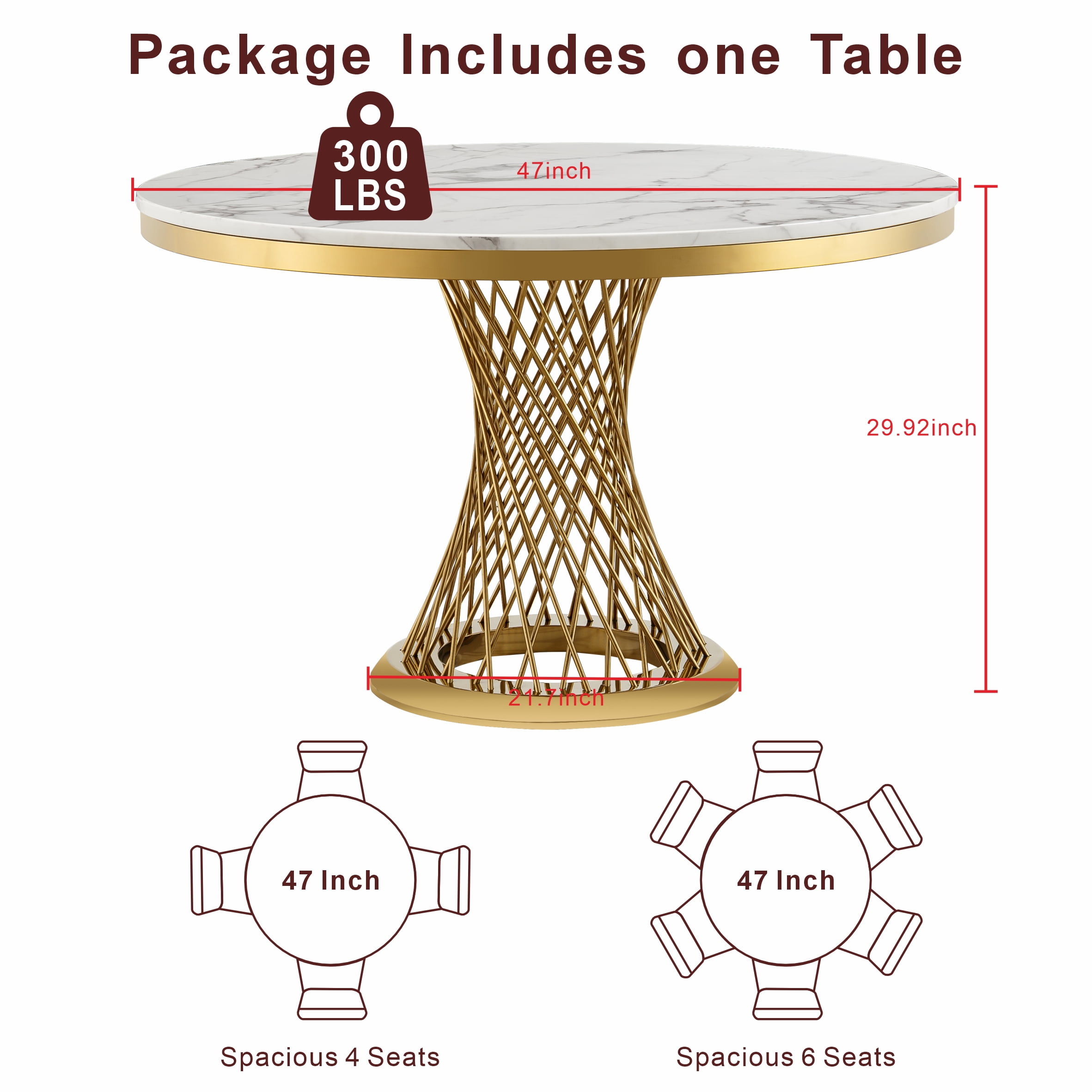 GAKMCIL 47" Round Marble Dining Table for 4-6 People, Modern Kitchen Table with High Glossy Faux Marble Top, Stainless Steel Base, 300lbs Load, Easy Assembly for Dining Room, Kitchen (Gold&White)