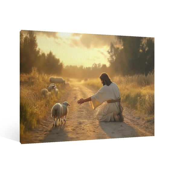Vintage Jesus and the Lamb Canvas Wall Art Paint, Jesus Pictures Canvas Print Posters Wall Decor, Christian Christmas Wall Art Home Church Decor for Living & Prayer Room Bedroom Wall Decor Framed