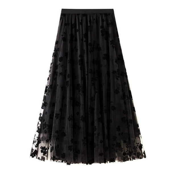 Falda de tul para mujer, elegante, vintage, con flores, corte A, falda midi con vuelo