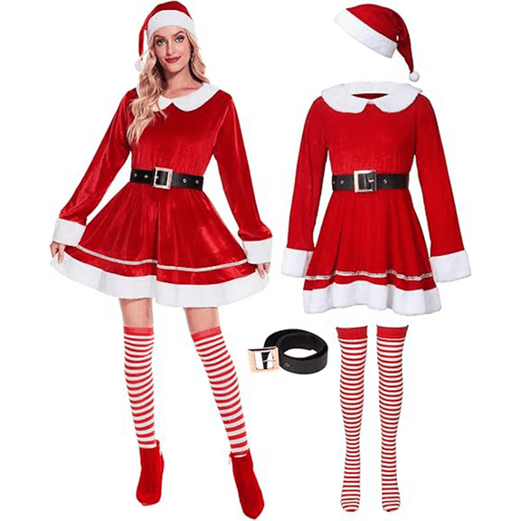 RTOPDS Adult Women's Christmas Mrs Claus Costume with Belt Hat Stockings (S)
