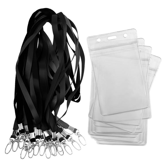 Lanière avec Porte-Badge d'Identité, Lot de 50 Lanières de Croisière avec Badge Étanche pour Cartes de Croisière, Clés, Vertical, Noir