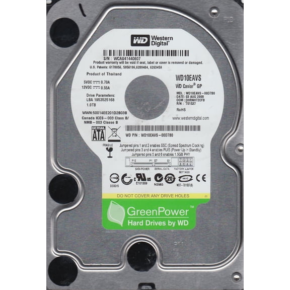 WD10EAVS-00D7B0, DCM DHRNHT2CFB, Western Digital 1TB SATA 3.5 Hard Drive