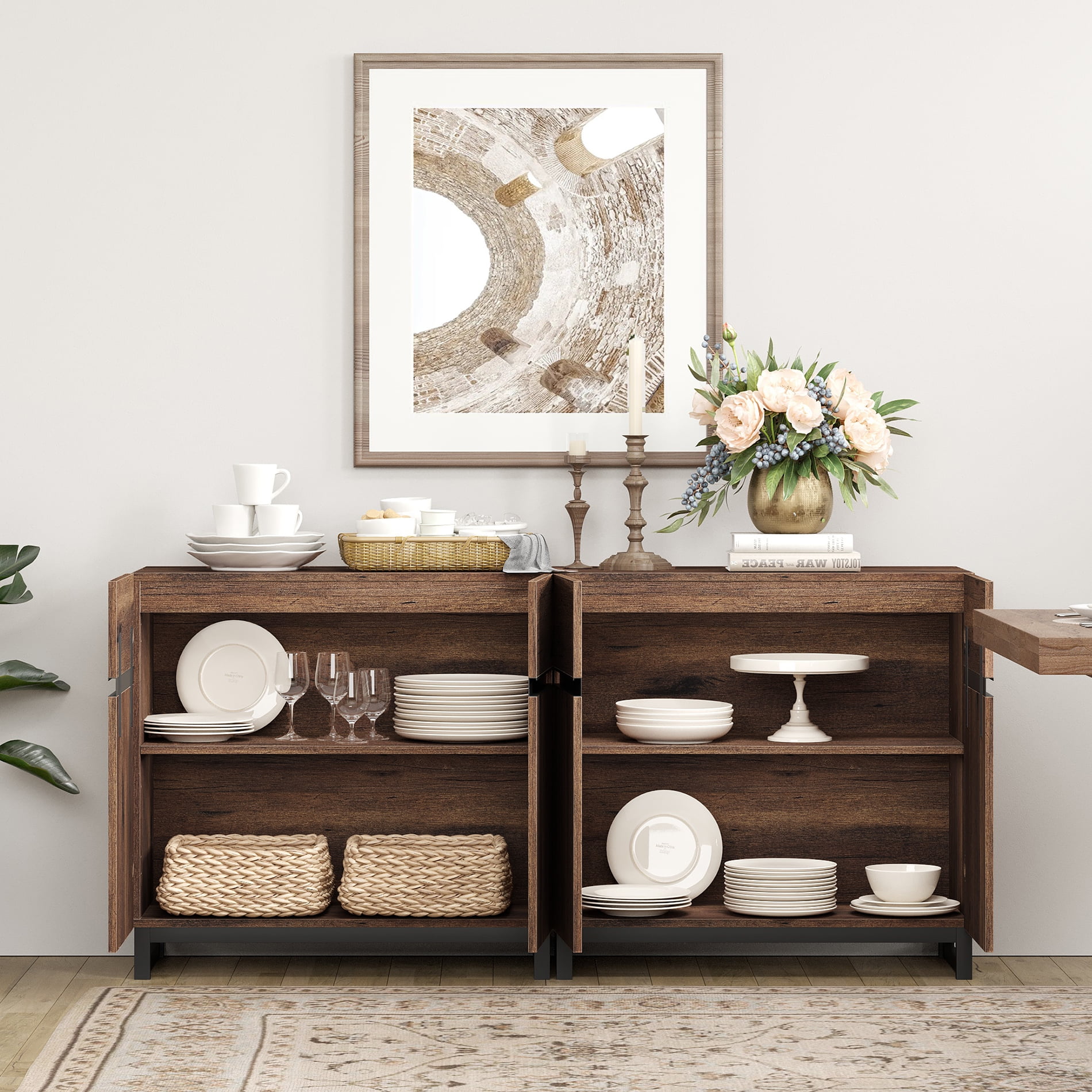 WAMPAT 126" Wide 4-In-1 Multifunctional Sideboard Buffet with Adjustable Shelf & Metal Base, Modern Wood Grain Storage Cabinet for Dining Room, Living Room.