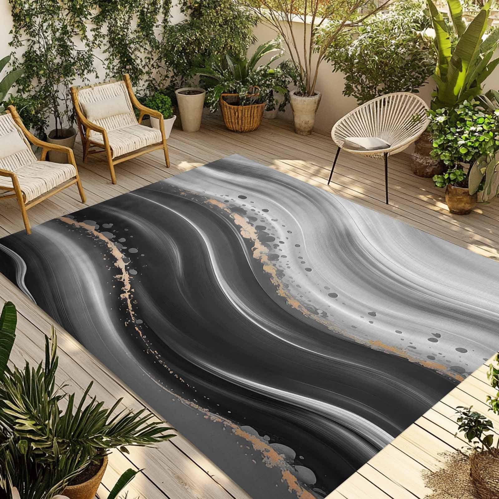 Outdoor Rug 3x5 ft Black Waves Outdoor Large Area Rug Non Slip Rubber Ombre Abstract Fluid Art Front Door Mat RV Rug Camping Carpet Patio Outdoor Rugs for Backyard Balcony Deck Porch Indoor