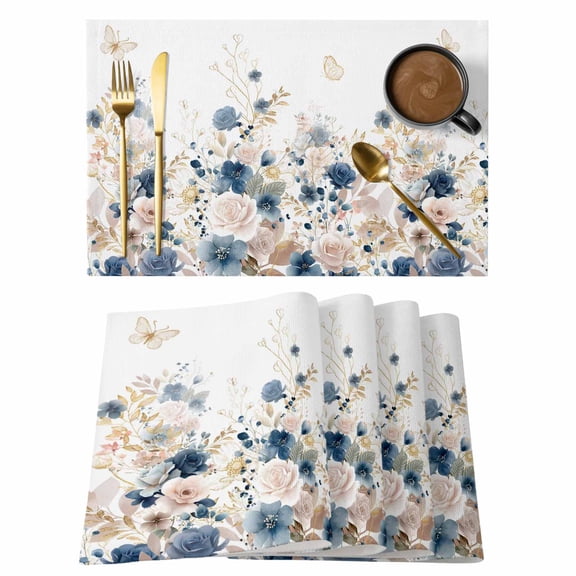 Navy Blue Spring Floral Placemats Set of 8, Elegant Pastoral Flowers Watercolor Placemats for Dining Table, Place Mats for Kitchen Tabletop, Waterproof Wipeable Dining Table Mats Set