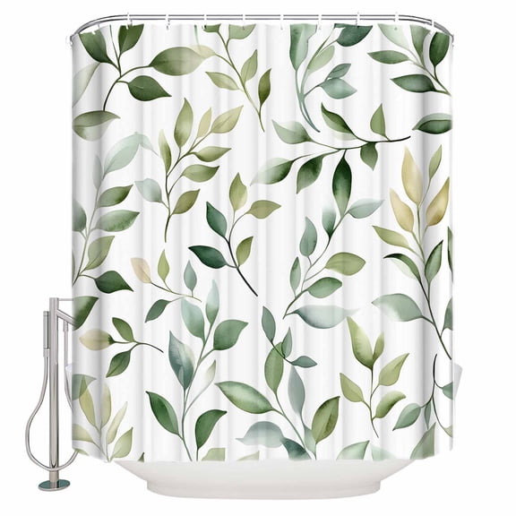 Extra Long Shower Curtain 72x84 Inch, Spring Leaves Shower Curtain Waterproof Bathroom Decor Sage Green Botanical Eucalyptus Vines Fabric Bath Curtain Set Accessories with Hooks