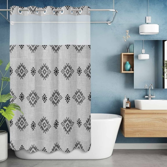 No Hook Shower Curtain with Snap in Liner, Southwestern Geometric Pattern Waterproof Fabric Bathroom Curtain Mesh Top Window, Tribal Diamond Gray Burlap Shower Curtains 36x72in