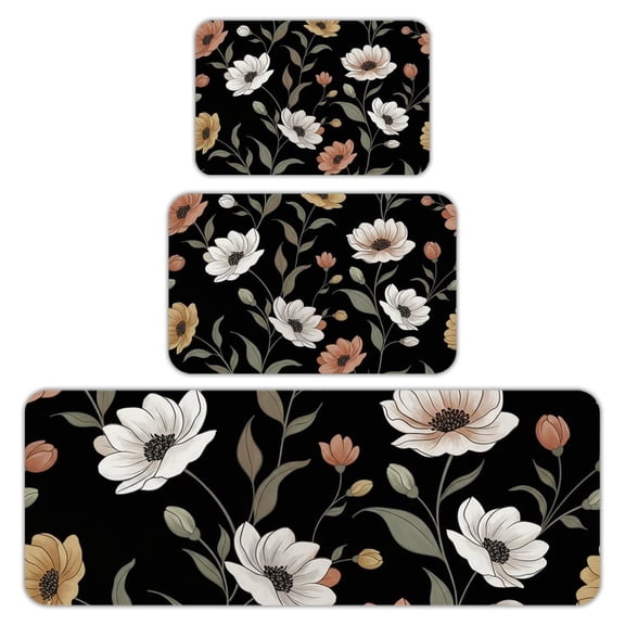 RKSupls Kitchen Rug Set 3 Piece Anti-Slip Flannel Floor Mats, Black Floral Washable Absorbent Runner Mats for Kitchen Bathroom Home Decor
