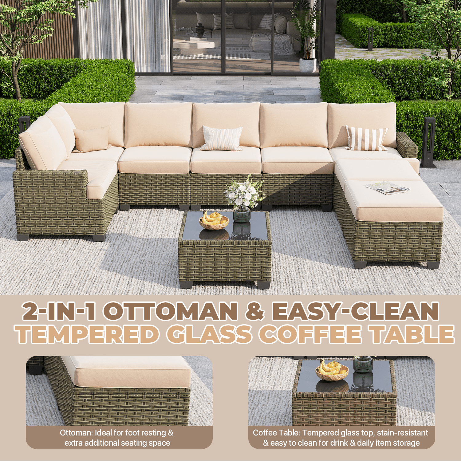BaPiPro 9-Piece Outdoor Rattan Modular Patio Sofa Set with Thick Beige Cushions, Multi-Use Ottoman and Easy-Clean Coffee Table for Garden and Patio Leisure Use
