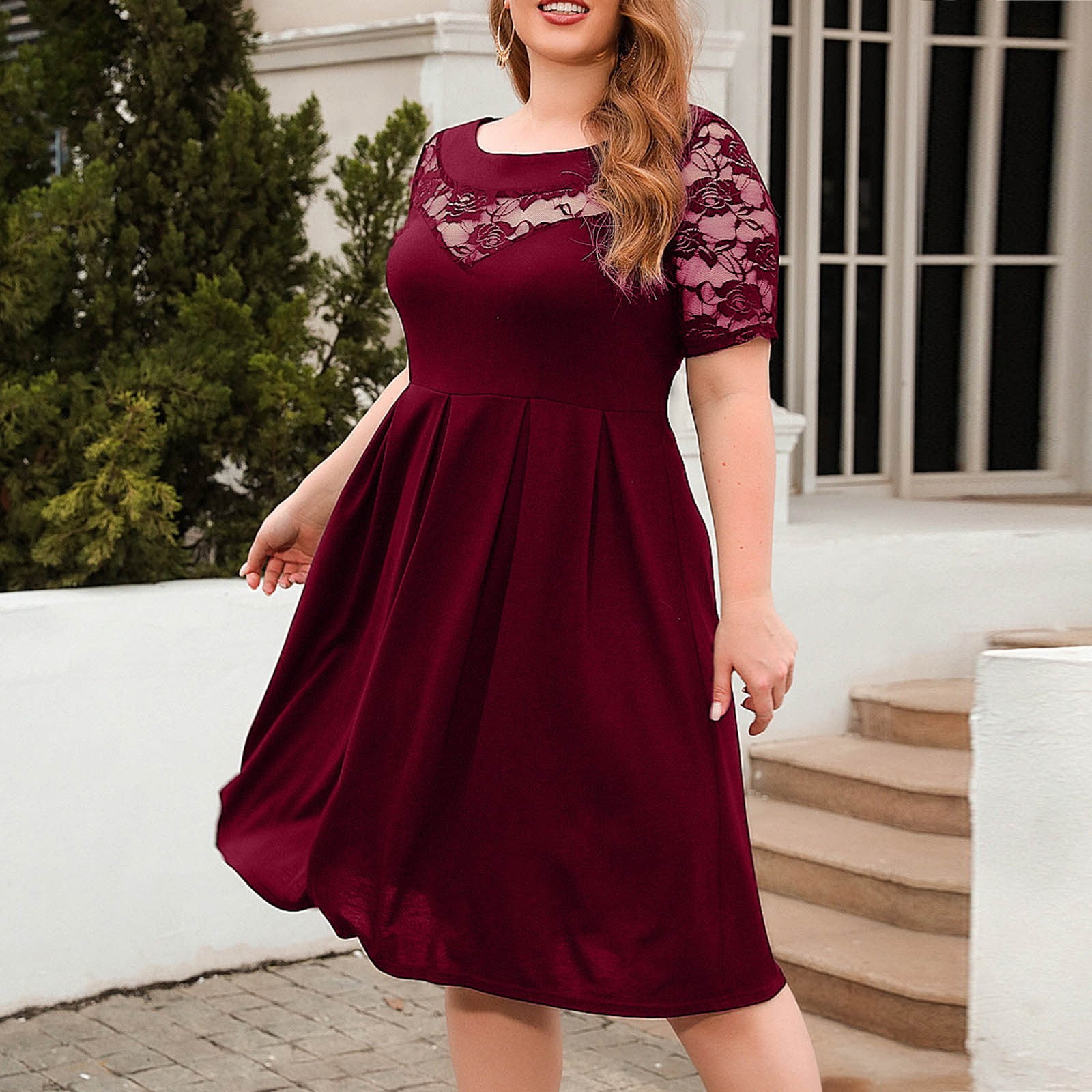 Bigersell Women Plus Size Cocktail Dresses Summer Floral Lace Mesh Short  Sleeve Round Neck Knee Length Dress Casual Loose Pleated A-Line Vintage  Swing Formal Dress Evening Gown, Wine XL 