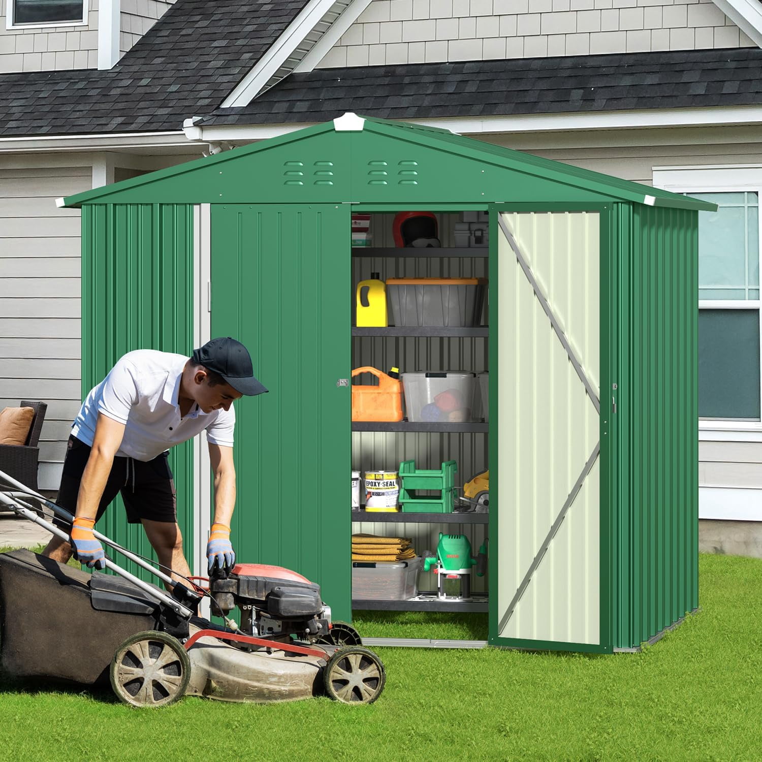 8 x 6 FT Storage Shed, Lofka Galvanized Metal Garden Shed with Double Lockable Doors, Outdoor Storage Clearance for Backyard Patio -Green