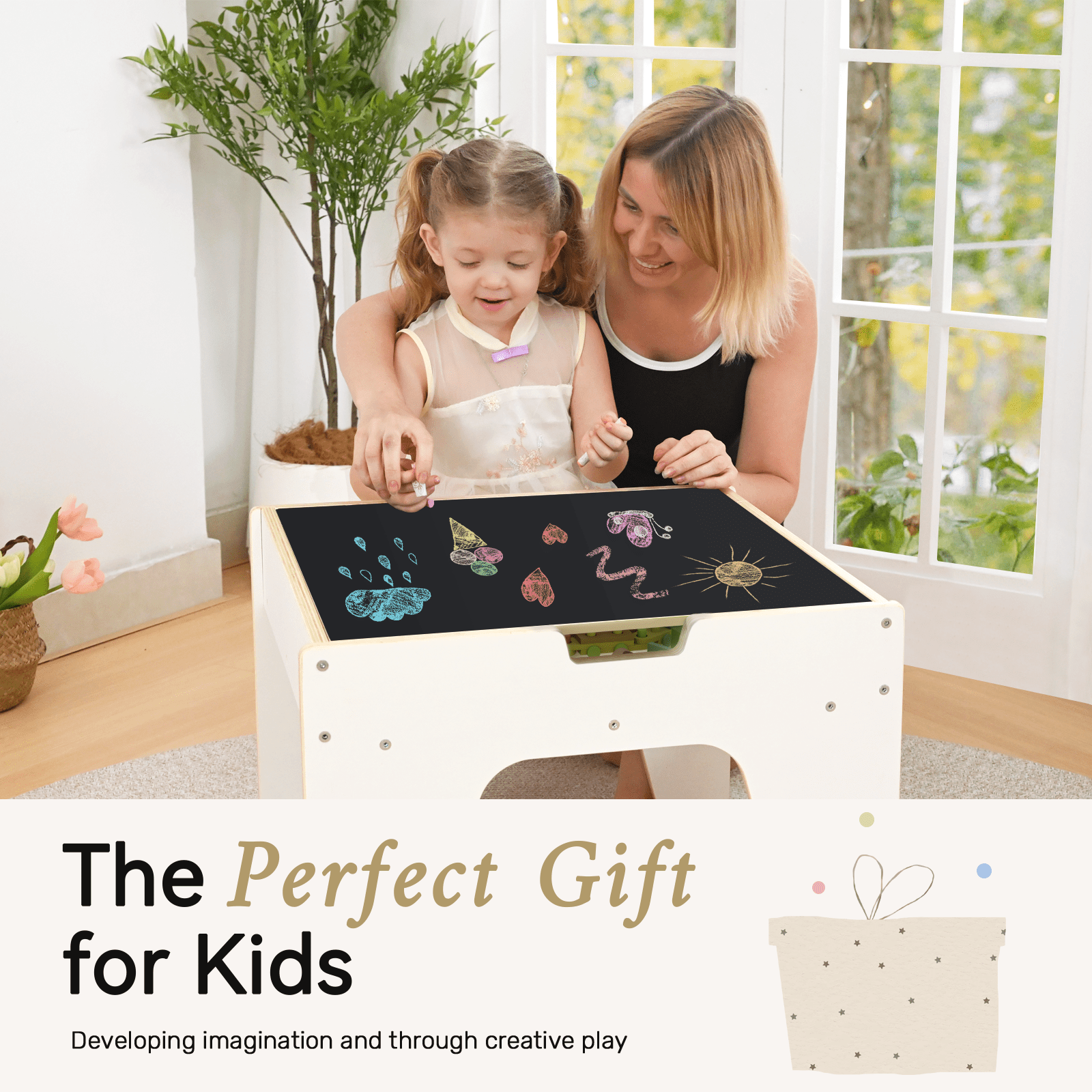 Kids Table and Chair Set, Reversible Wooden Activity Table with Board and Building Bricks Tabletop, 3 in 1 Wooden Toddlers Tables for Arts, Crafts