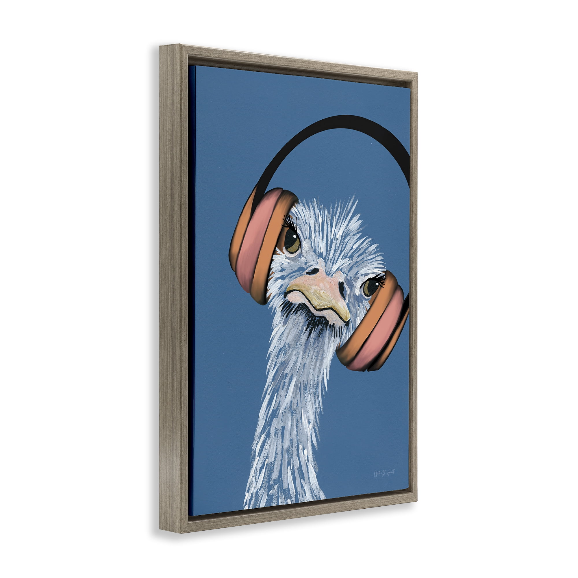 Stupell Industries Ostrich with Headphones Animals & Insects Painting Brown Floater Framed Art Print Wall Art, 17 x 25
