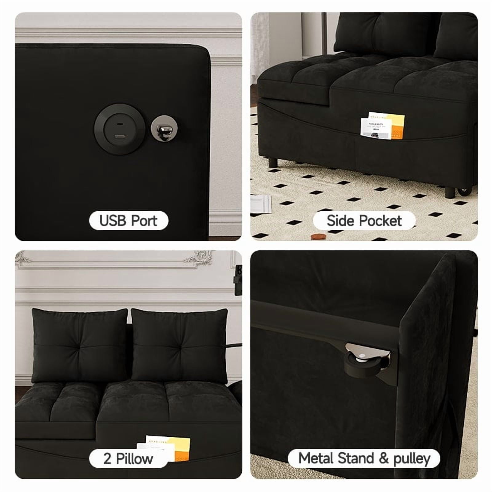 Leumius Folding Sofa Bed, 3 Lengths Available, Modern Sofa Velvet Pull-Out Bed, Loveseat with Adjustable Backrest, USB Port and Rotating Phone Holder, Black.