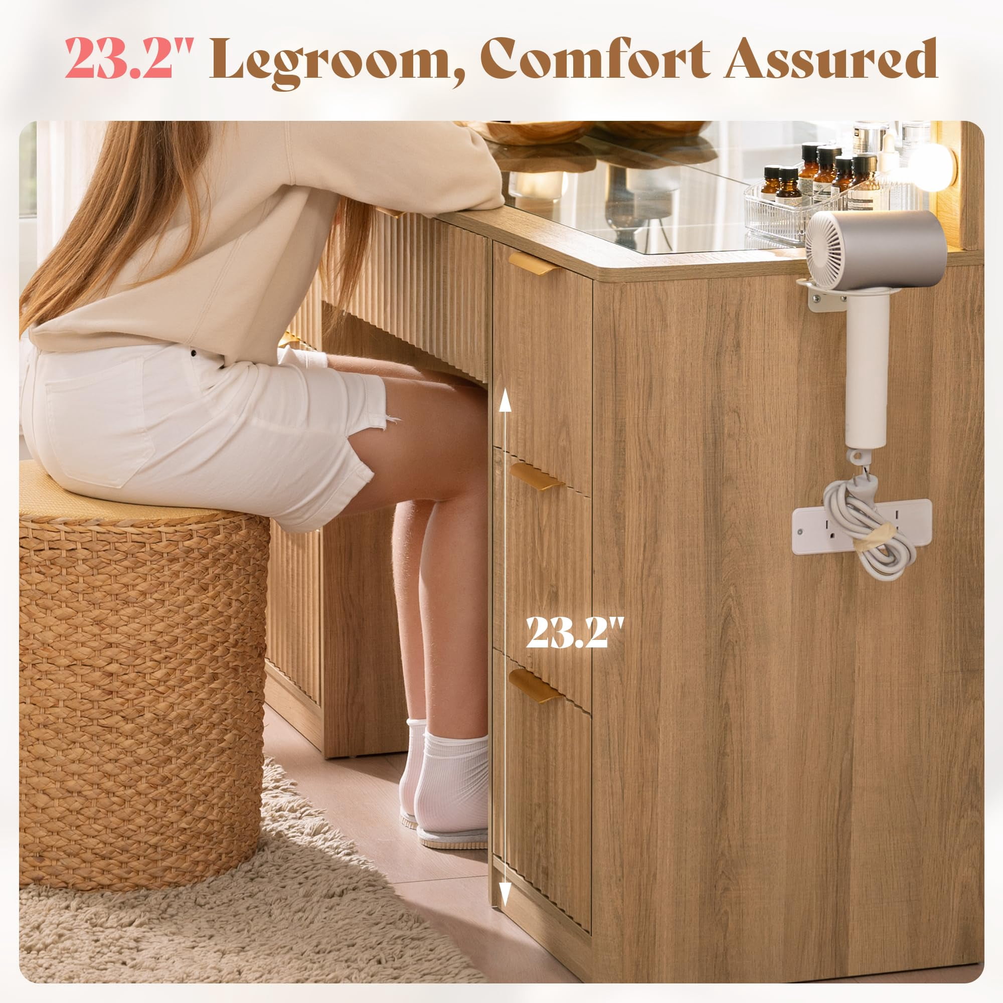 Merluxy 47.2" Girls Vanity Desk with Large Mirror and Adjustable LED Lights, 7 Drawers Makeup Table with Glass Top and Charging Station, Oak