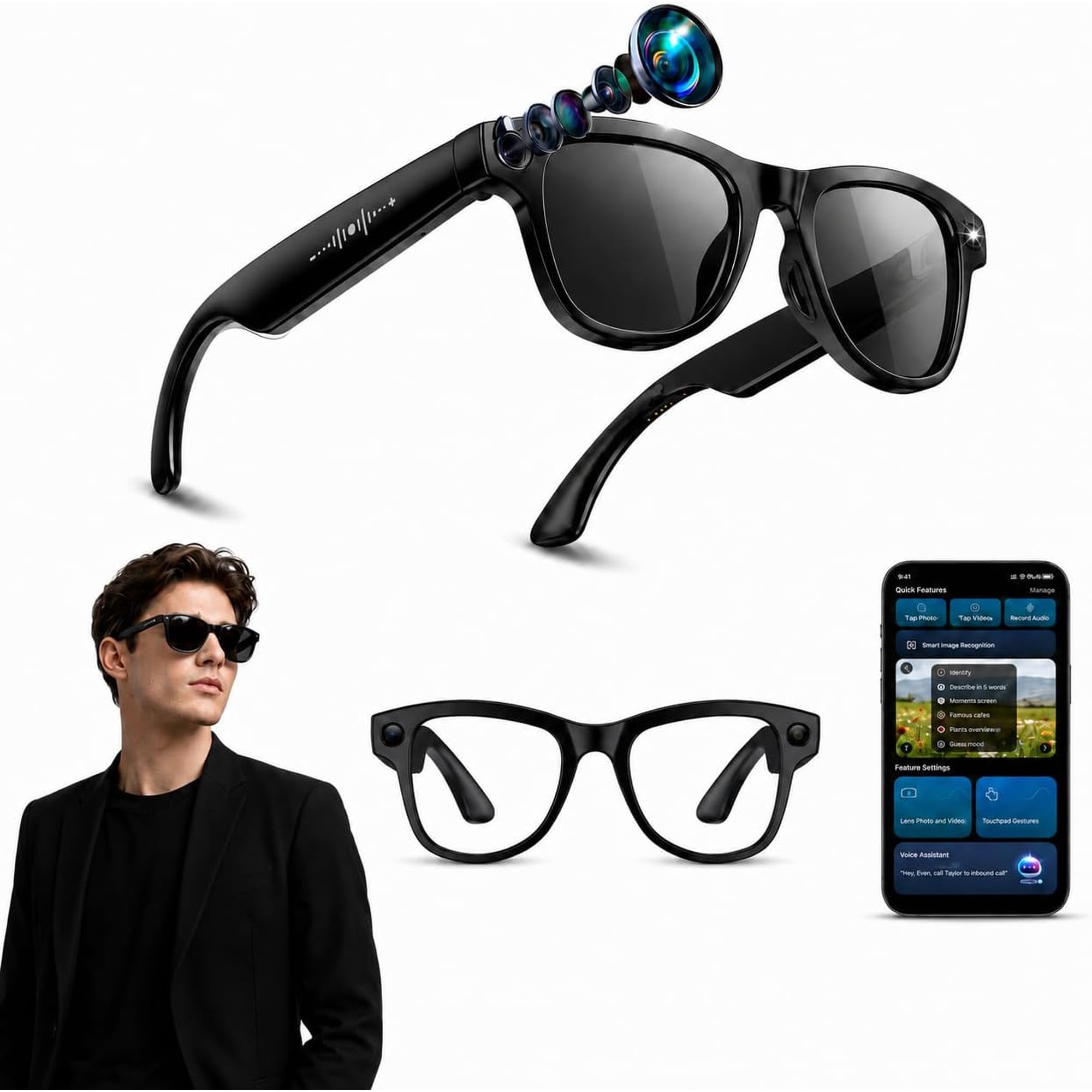 AILENBLE Smart Glasses 8MP 4K Camera Anti-Shake Open-Ear Audio ENC Mic AI Translation Polarized & Clear Lenses Included