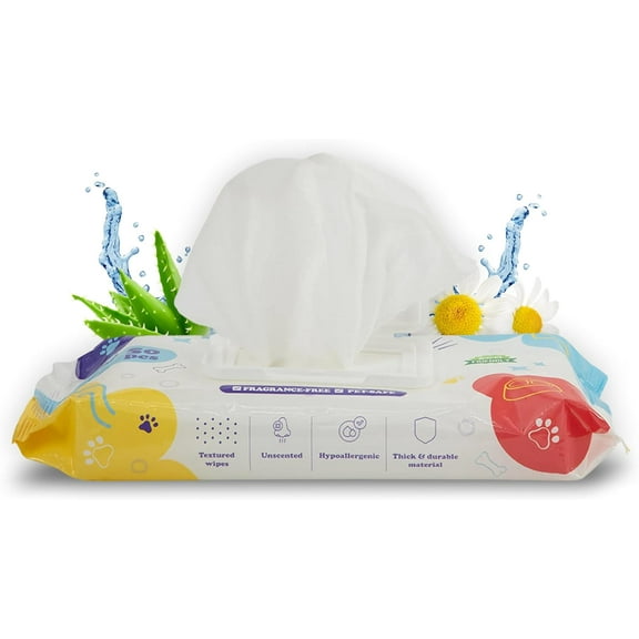 PetsWorld Pet Wipes for Dogs & Cats | Unscented, Hypoallergenic, Chemical-Free, Biodegradable (98%), Thick & Durable, Textured Grooming Wipes | Safe for Sensitive Skin & Daily Use - 50 Count