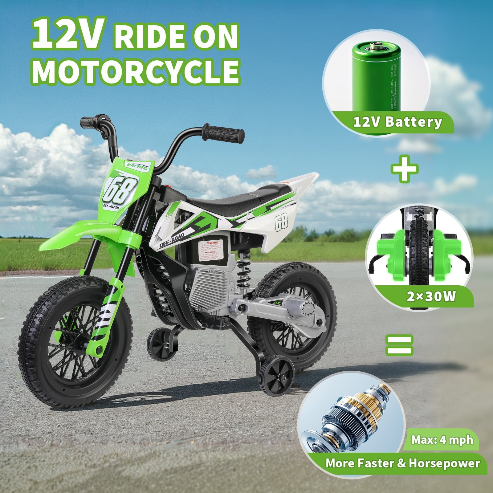 Funcid 12V Electric Dirt Bike with Twist Grip Throttle, Ride on Motorcycle with 2 Training Wheels, Suitable for Ages 3-8, Bluetooth, MP3, Dual Motors, Spring Suspension