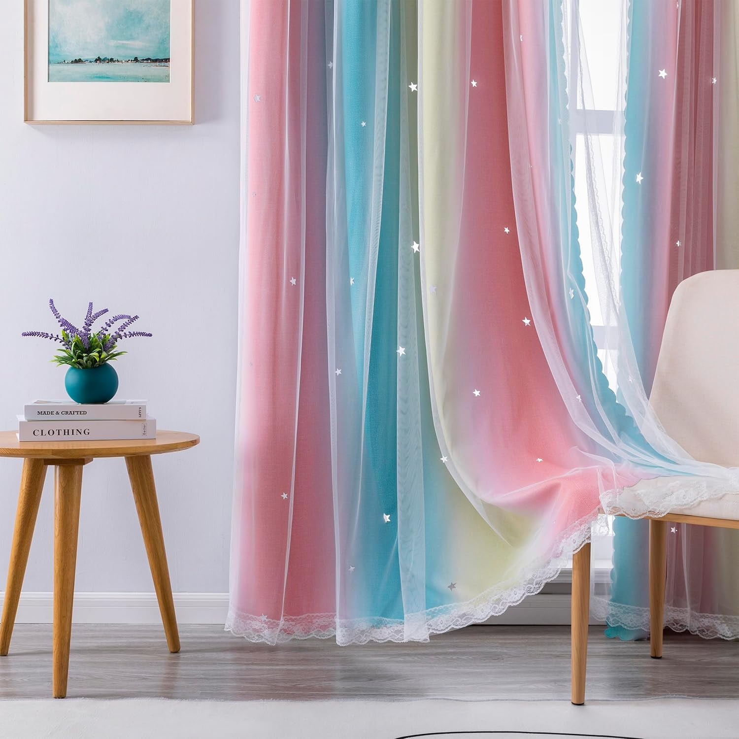 DZORUN Rainbow Sheer Curtains Colorful Backdrop Bright Curtains Set for Kids Girls Princess Bedroom Living Party Blackout Decor 34" x 63"
