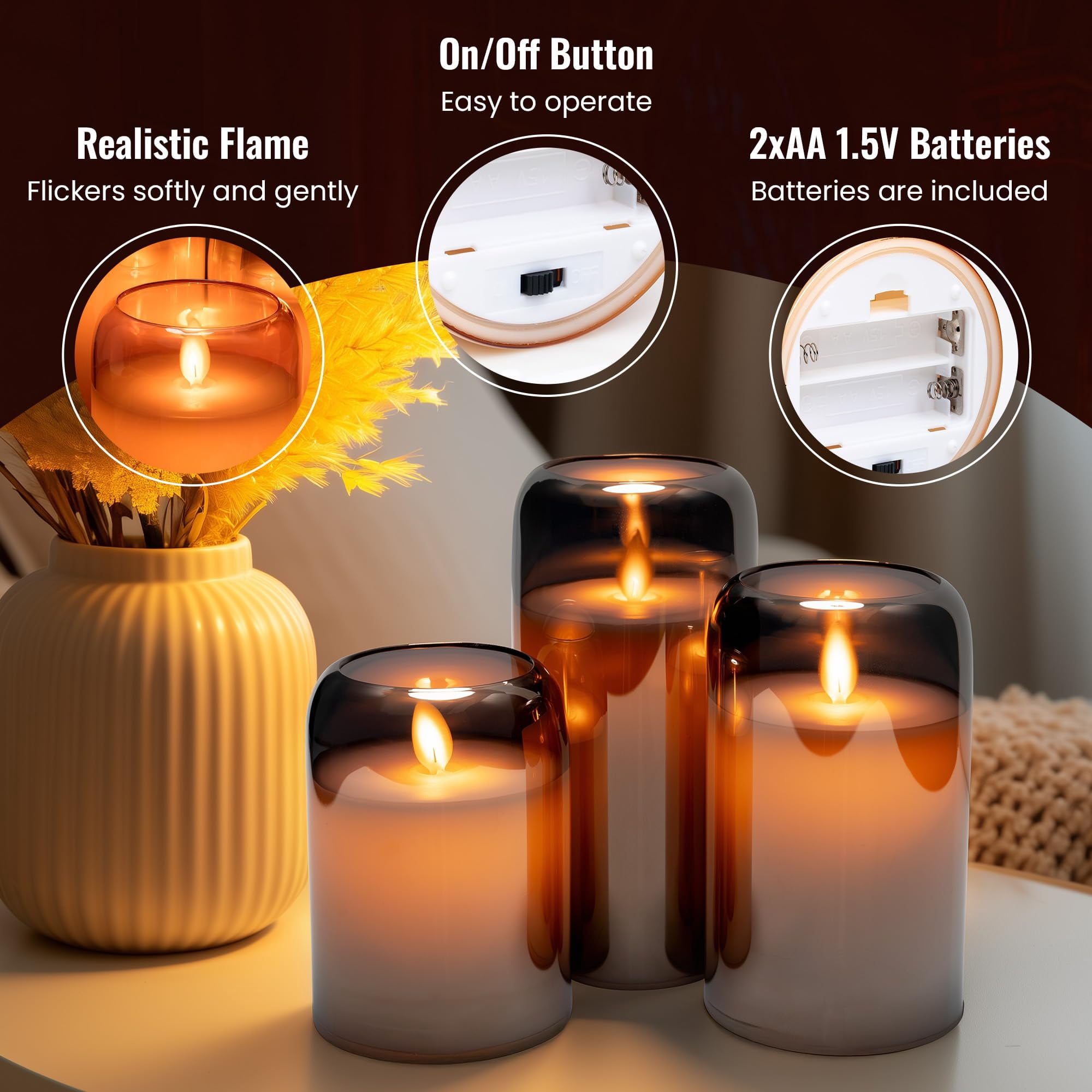 WYZworks LED Mirrored Glass Round Hurricane Pillar Flameless Candles, Real Wax Realistic Wick  Flickering Flame, Battery Operated (Included), Remote & Timer (Set of 3, Silver Gray Metallic)