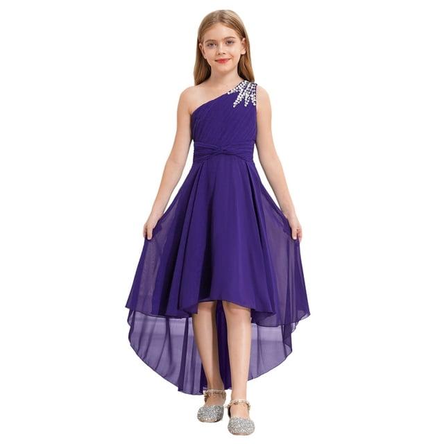 YONGHS Robe Formelle à une Épaule pour Filles, Enfants, Chiffon Froncé, Ourlet Haut-Bas, Robe de Demoiselle d'Honneur pour Mariage et Fête, Violet, 8