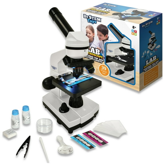 Dr. STEM: Lab Microscope - 39pc Science Kit, Specimen Slides, Petri Dish, Adjustable Lense Magnification & Lights, Examination Accessories, Kids 8 