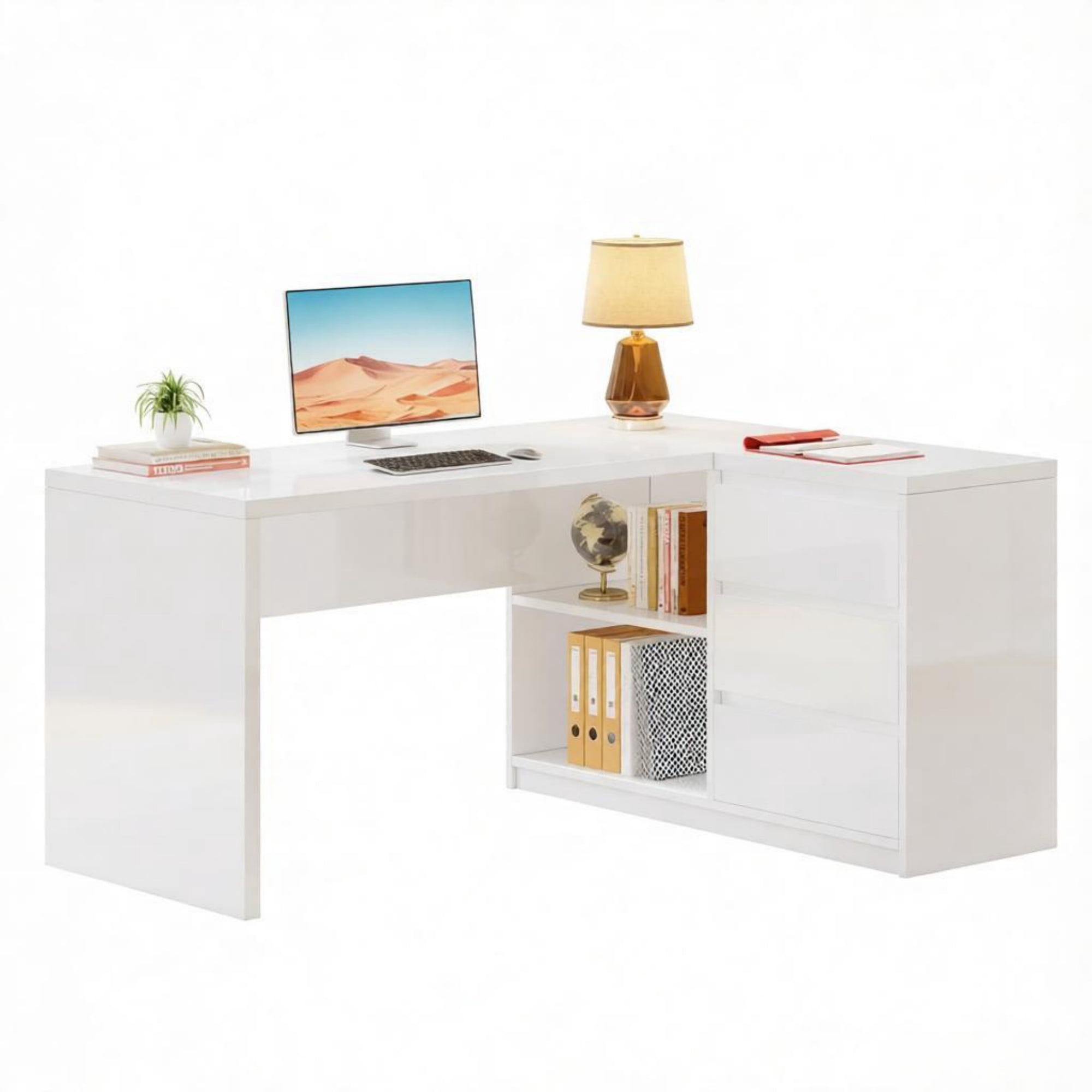 55" L-Shaped Computer Desk with LED Lights, 3 Drawers, White