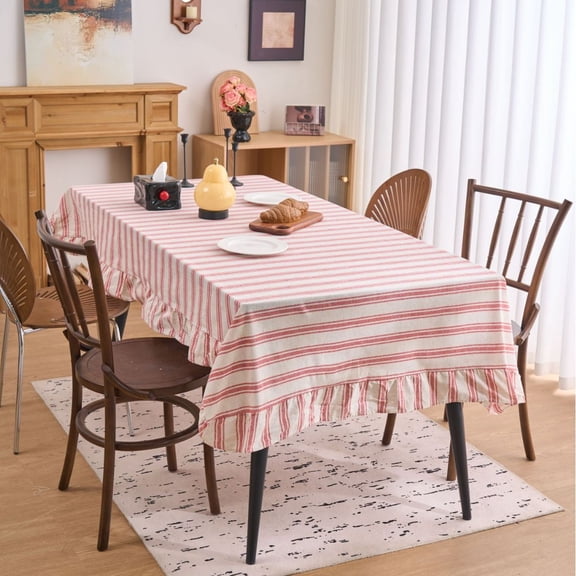 XmhyTop-A Farmhouse Ruffle Tablecloth Striped Tablecloth Cotton Linen Blend Table Cover with Flounces Trim, Rustic Striped Ruffle Tablecloth for Dining Room, 140x180cm,Style A,Red