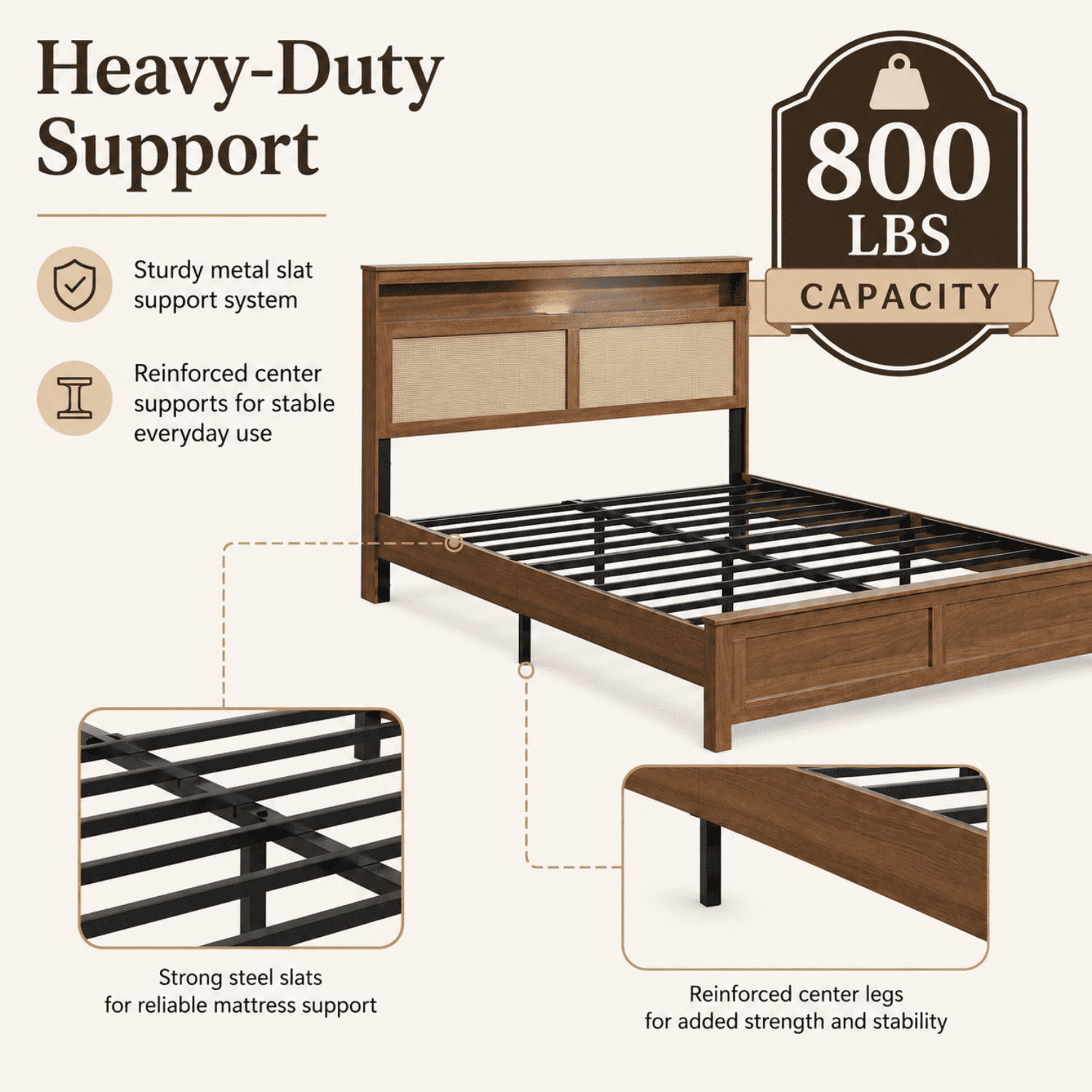 Miniyam Queen Bed Frame with Storage Headboard, LED Light and Charging Station, Cane-Inspired Platform Bed, Brown