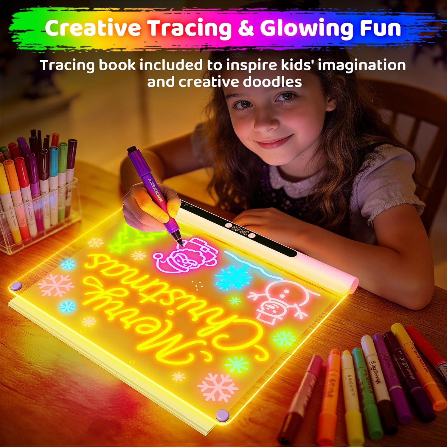 16" Rechargeable LED Drawing Board with Timer & 9-Color Adjustable Neon Glow – Includes 6 Markers, Dry Erase Light-Up Memo Board with Stand for Kids, Family & Office (pink)
