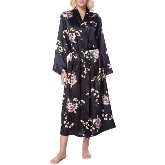 Lavenderi Women's Long Classic Satin Kimono Lounge Bathrobe Robe(L Black AOP)