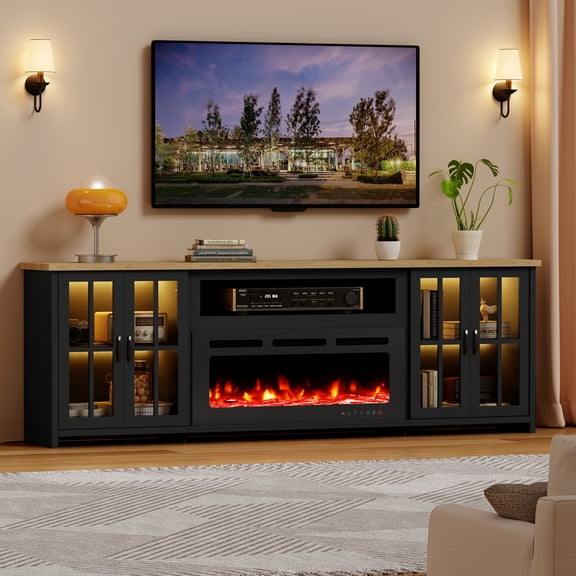 BUPPLEE 97" Fireplace Tv Stand With Electric Fireplace, Large Farmhouse Tv Stand Fortvs, Led Lights & Adjustable Shelves, Entertainmentcenter For Living Room