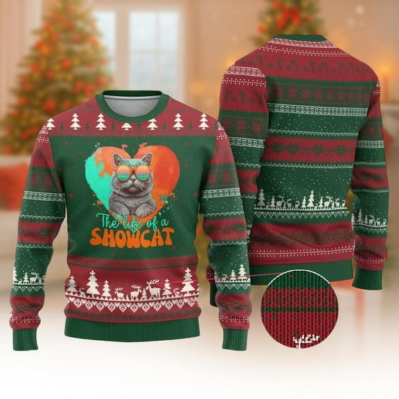 The Life Of Showcat Christmas 3D Sweater, Funny Cat Lover Holiday Sweater, Cute Pet Xmas Sweatshirt Gift For Him Her Kid, Xmas gift