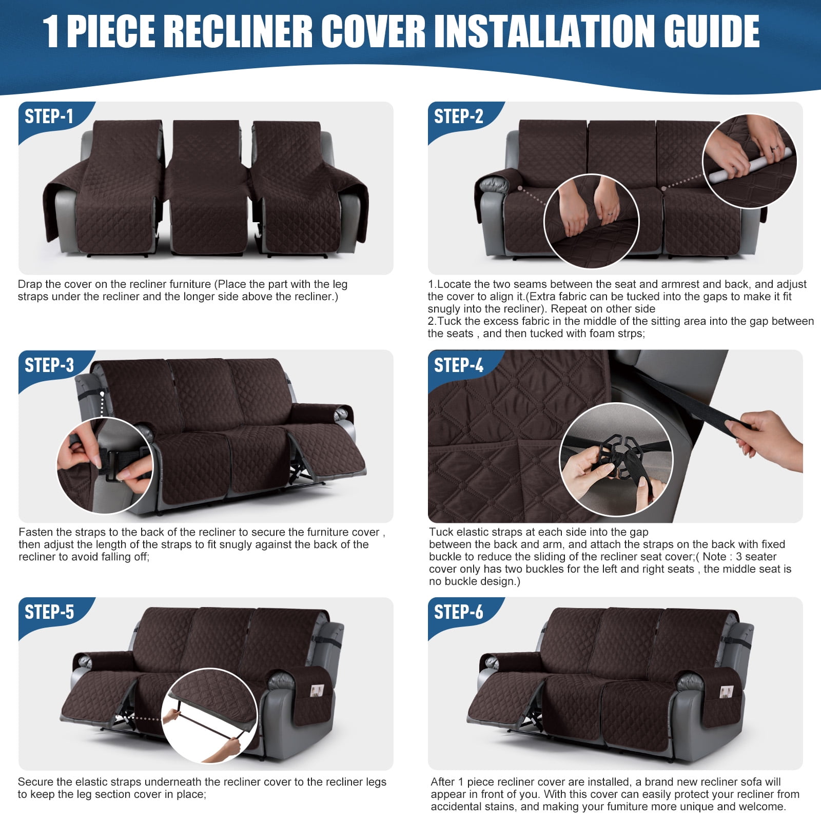 Timeles Waterproof Recliner Sofa Covers, Recliner Couch Covers with Leg Straps, Reversible Recliner Covers for 3 Seat Reclining Chair, Washable Sofa Protector for Pets Kids (Chocolate)