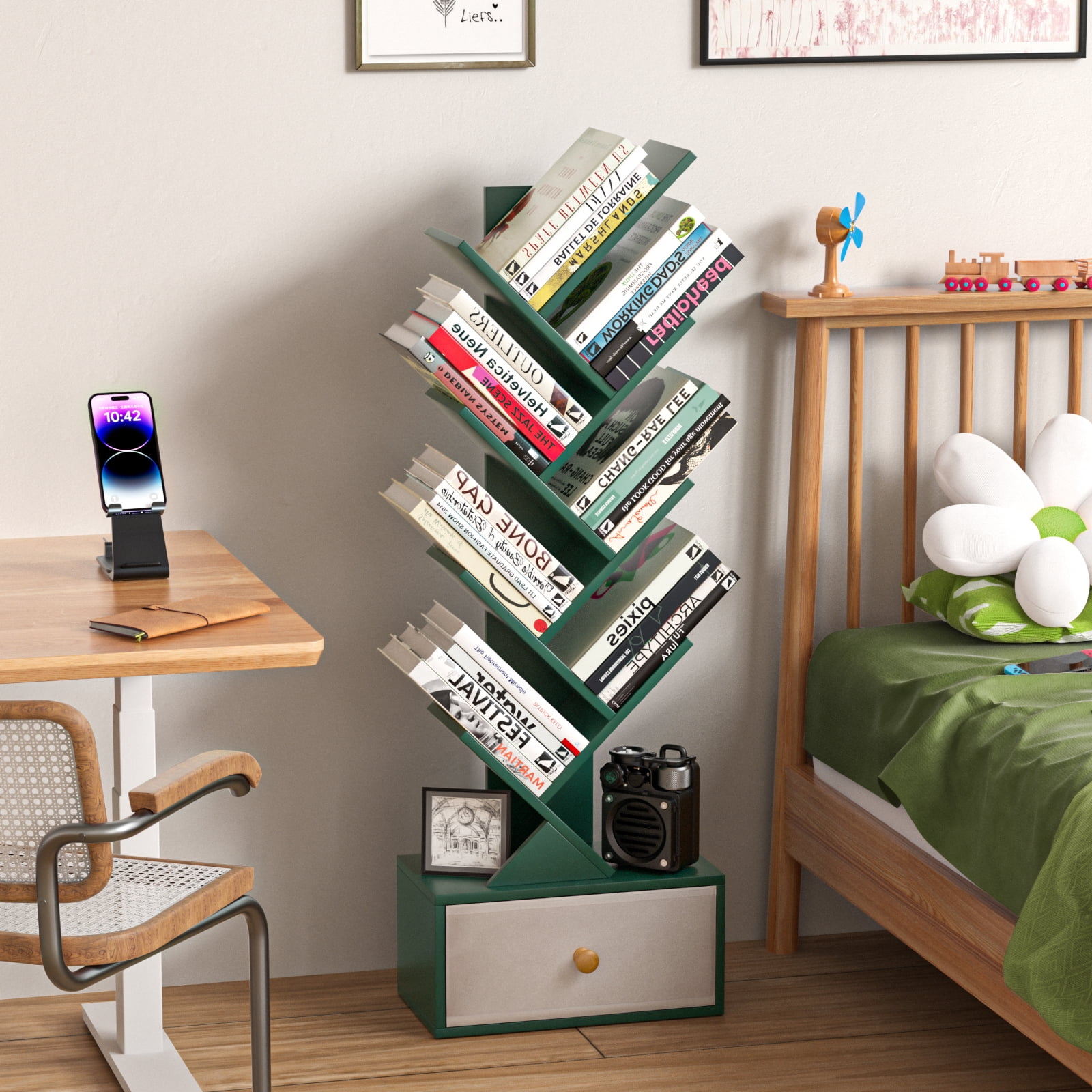 LELELINKY Floor Bookshelves,Tree Bookcase, 8-Tier Floor Standing Bookshelf for Living Room, Dark Green