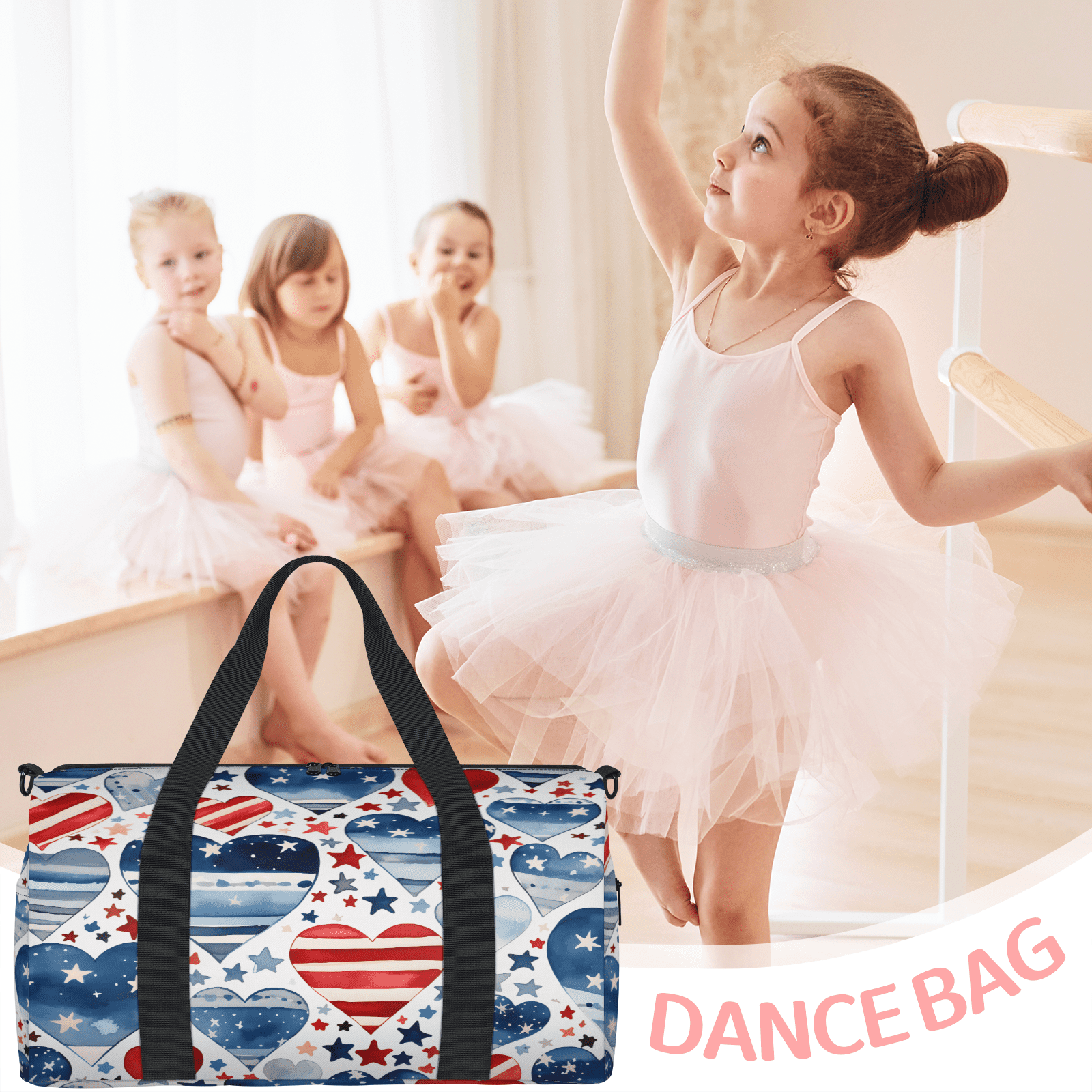 Herdesigns 4th Of July Heart Travel Duffle Bag Sports Yoga Weekender Overnight Carry on Workout Bags Lightweight Waterproof Gym Tote Bag for Women