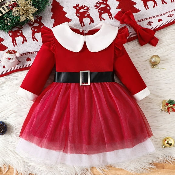 Wancir Toddler Baby Girl Christmas Dress Santa Claus Red Velvet Dress Long Sleeve Furry Princess Dress with Headband Outfit