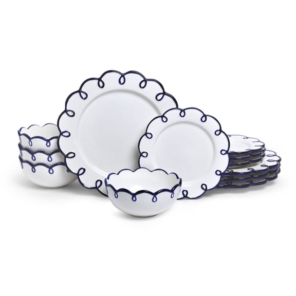Sango Splash of Cheers 12-Piece Porcelain Dinnerware Set for 4-White with Navy Blue Scalloped Rims