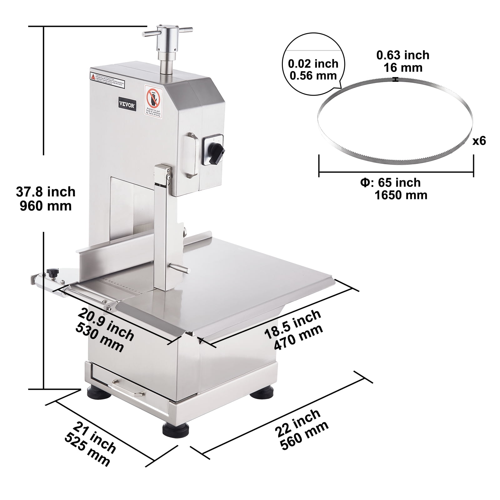 VEVOR Commercial Electric Meat Bandsaw, 2200W Stainless Steel Countertop Bone Sawing Machine, Workbeach 18.5" x 20.9", 0-7.1 Inch Cutting Thickness, Frozen Meat Cutter with 6 Blades for Rib Pork Beef