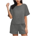 thumbnail image 3 of Bovxnpu Women 2 Piece Outfits Short Sleeve Pants Set Loungewear Sets Women's Solid Cotton Linen Tee & Pocket Shorts 2-Piece Set, 3 of 7
