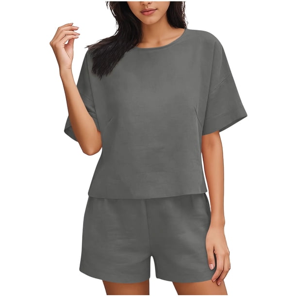 Conjunto Corto Casual para las Mujeres Manga Corta Bolsillo Pantalones Cortos Pantalones de Señoras Conjunto con Cuello Redondo Top, Ropa Casual de Verano