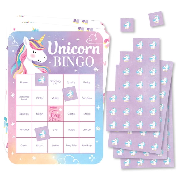 Big Dot of Happiness Unicorn Bingo Cards and Markers, Rainbow Unicorn Birthday Party Bingo Game Activity for Girls - Set of 18