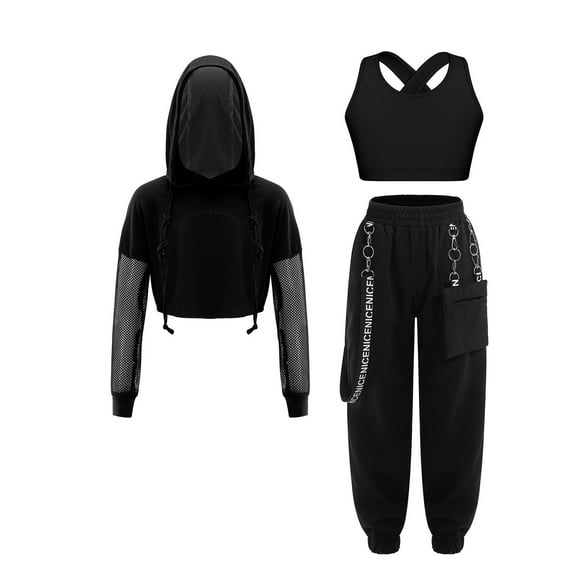 TiaoBug 3-Piece Kids Girls Sleeveless Cross Back Top and Sweatpants with Long Sleeve Hooded Crop Top Black 6