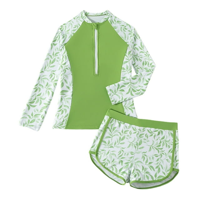Luvoko Child Long Sleeve Rash Guard 2 Piece Swimsuit Set, Girls Swimsuit Long Torso Board Shorts Quick Dry Girls Rashguard Shirt Crocheted Bathing Suits Checkered One Shouder(Army Green,8-9 Years)