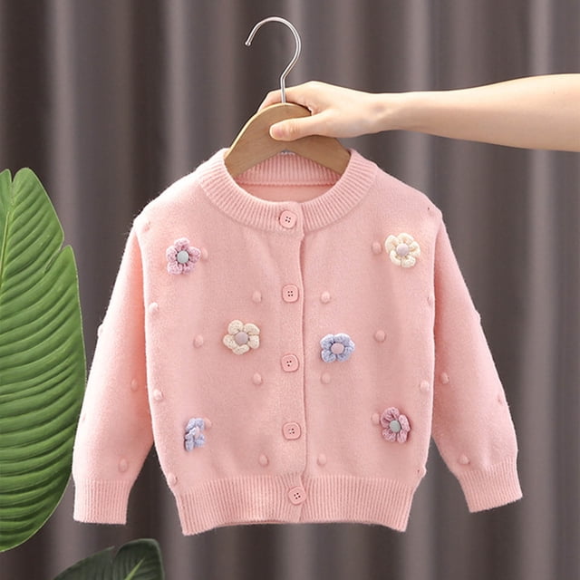 LOVZFMLL Vestes pour Filles 1-8 Ans Mode Brodée Fleur Boutons en Vrac Col Rond Manches Longues Veste/veste Décontractée 6-8 Ans