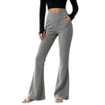 thumbnail image 3 of LIaqionyy Women's Flare Yoga Pants Stretch Casual Ribbed High Waist Leggings Solid Color Bootcut Bottom Pant with Pockets, 3 of 6