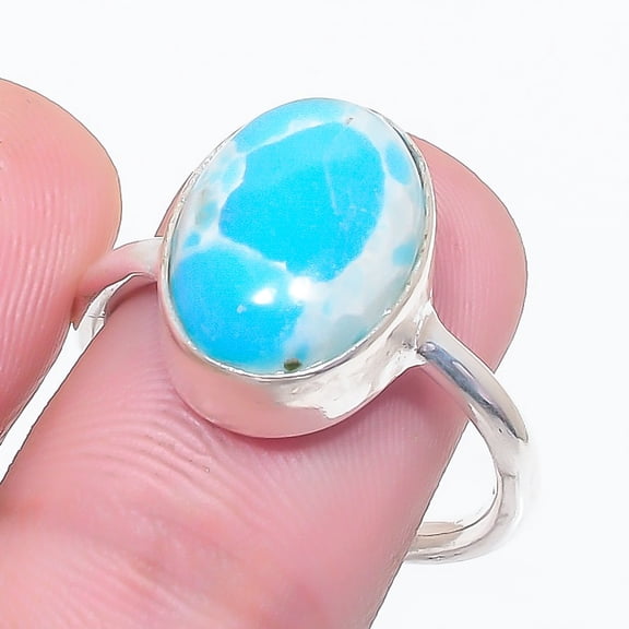 Natural Larimar Gemstone Handmade 925 Sterling Silver Jewelry Ring Size 8