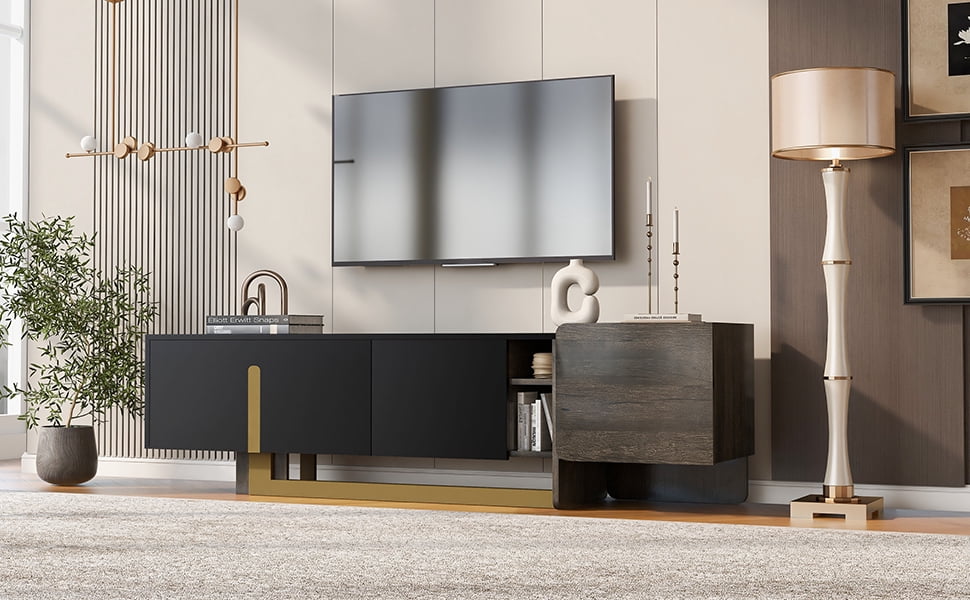 Euroco 66.7'' Light Luxury TV Stand for TVs up to 70 Inches, Modern TV Cabinet with Metal Legs, 1 Drawer, 2 Cabinets and Adjustable Shelves for Living room