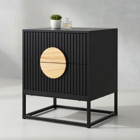 Resenkos Mid-Century Fluted Nightstand &ndash; 2 Drawers   Pine Wood Handles, Modern Bedroom Side Table, Black